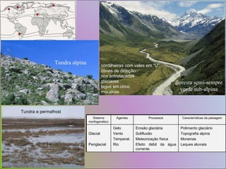 Tundra alpina Tundra e permafrost cordilheiras com vales em “U” cones de dejeção rios entrelaçados glaciares lagos em circo morainas floresta semi-sempre verde sub-alpina Sistema morfogenético Agentes Processos Características da paisagem Glacial Periglacial Gelo Vento Temperat. Rio Erosão glaciária Solifluxão Meteorização física Efeito débil da água corrente Polimento glaciário Topografia alpina Morainas Leques aluviais 