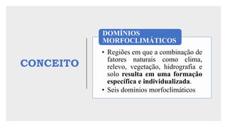 CONCEITO
• Regiões em que a combinação de
fatores naturais como clima,
relevo, vegetação, hidrografia e
solo resulta em uma formação
específica e individualizada.
• Seis domínios morfoclimáticos
DOMÍNIOS
MORFOCLIMÁTICOS
 