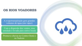 OS RIOS VOADORES
A evapotranspiração gera grandes
volumes de água (em vapor)
Com a dispersão dos ventos, essa
umidade é levada para outros locais
Promove chuvas no Centro-Oeste e
no Sudeste
 
