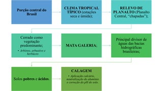 Porção central do
Brasil
CLIMA TROPICAL
TÍPICO (estações
seca e úmida);
RELEVO DE
PLANALTO (Planalto
Central, “chapadas”);
Cerrado como
vegetação
predominante;
• Arbóreo, arbustivo e
herbáceo
MATA GALERIA;
Principal divisor de
águas das bacias
hidrográficas
brasileiras;
Solos pobres e ácidos.
CALAGEM
• Aplicação calcário,
neutralização do alumínio
e correção do pH do solo.
 