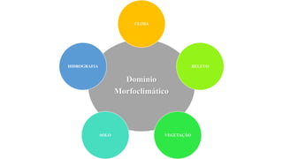 Domínio
Morfoclimático
CLIMA
RELEVO
VEGETAÇÃO
SOLO
HIDROGRAFIA
 