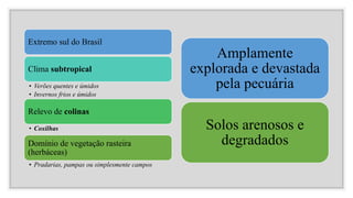 Extremo sul do Brasil
Clima subtropical
• Verões quentes e úmidos
• Invernos frios e úmidos
Relevo de colinas
• Coxilhas
Domínio de vegetação rasteira
(herbáceas)
• Pradarias, pampas ou simplesmente campos
Amplamente
explorada e devastada
pela pecuária
Solos arenosos e
degradados
 