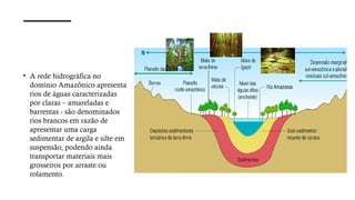• A rede hidrográfica no
domínio Amazônico apresenta
rios de águas caracterizadas
por claras – amareladas e
barrentas - são denominados
rios brancos em razão de
apresentar uma carga
sedimentar de argila e silte em
suspensão, podendo ainda
transportar materiais mais
grosseiros por arraste ou
rolamento.
 