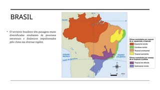 BRASIL
• O território brasileiro têm paisagens muito
diversificadas resultantes de processos
estruturais e dinâmicos impulsionados
pelo clima nas diversas regiões.
 