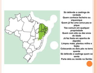 Só defende a caatinga de
verdade
Quem conhece facheiro ou
xiquexique
Quem já fez uma cerca pau-a-
pique
Tão comum em qualquer
propriedade
Quem com oito ou dez anos
de idade
Já fez festa em apanha de
algodão
Limpou mato, plantou milho e
feijão
Colocando os dois pés na terra
quente
Só defende a caatinga quem se
sente
Parte dela ou reside no Sertão
 
