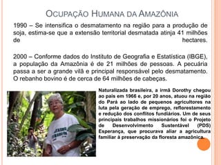 OCUPAÇÃO HUMANA DA AMAZÔNIA
1990 – Se intensifica o desmatamento na região para a produção de
soja, estima-se que a extensão territorial desmatada atinja 41 milhões
de hectares.
2000 – Conforme dados do Instituto de Geografia e Estatística (IBGE),
a população da Amazônia é de 21 milhões de pessoas. A pecuária
passa a ser a grande vilã e principal responsável pelo desmatamento.
O rebanho bovino é de cerca de 64 milhões de cabeças.
Naturalizada brasileira, a irmã Dorothy chegou
ao país em 1966 e, por 20 anos, atuou na região
do Pará ao lado de pequenos agricultores na
luta pela geração de emprego, reflorestamento
e redução dos conflitos fundiários. Um de seus
principais trabalhos missionários foi o Projeto
de Desenvolvimento Sustentável (PDS)
Esperança, que procurava aliar a agricultura
familiar à preservação da floresta amazônica.
 