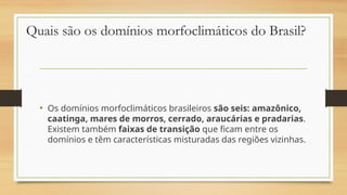 Quais são os domínios morfoclimáticos do Brasil?
• Os domínios morfoclimáticos brasileiros são seis: amazônico,
caatinga, mares de morros, cerrado, araucárias e pradarias.
Existem também faixas de transição que ficam entre os
domínios e têm características misturadas das regiões vizinhas.
 