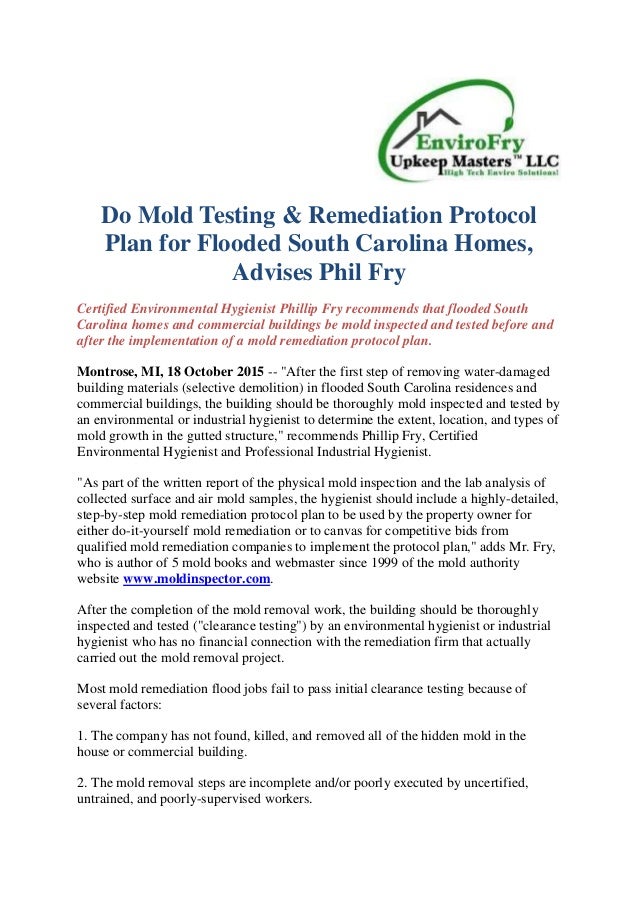 do mold testing remediation protocol plan for flooded south car environmental hygienist