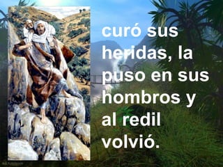 curó sus
heridas, la
puso en sus
hombros y
al redil
volvió.

 