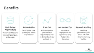 17 |
Benefits
Distributed
Architecture
Active-Active Scale Out Automated Ops Dynamic Caching
Modern architecture
separating compute
and storage
Zero failover time
(RTO=0) for always
on protection
Automated
deployment and
operations using
Kubernetes
Operators
Address dynamic
performance
requirements with
on-demand scale out
and scale in
Optimize
performance/cost
trade offs with
dynamic memory
caching
 