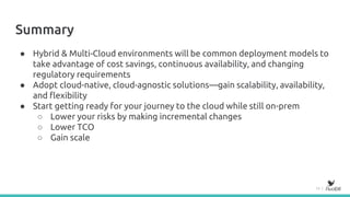 19 |
● Hybrid & Multi-Cloud environments will be common deployment models to
take advantage of cost savings, continuous availability, and changing
regulatory requirements
● Adopt cloud-native, cloud-agnostic solutions—gain scalability, availability,
and flexibility
● Start getting ready for your journey to the cloud while still on-prem
○ Lower your risks by making incremental changes
○ Lower TCO
○ Gain scale
Summary
 