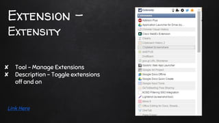 Extension -
Extensity
✘ Tool - Manage Extensions
✘ Description - Toggle extensions
off and on
Link Here
 