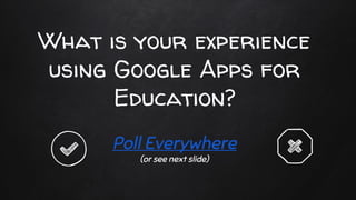 What is your experience
using Google Apps for
Education?
Poll Everywhere
(or see next slide)
 