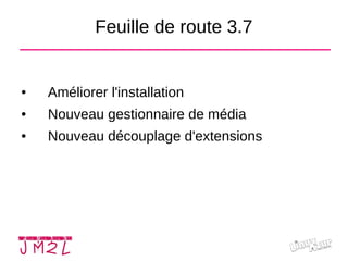 Feuille de route 3.7
● Améliorer l'installation
● Nouveau gestionnaire de média
● Nouveau découplage d'extensions
 