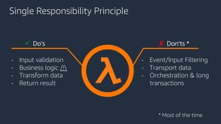 Single Responsibility Principle
ü Do’s ✘ Don’ts *
- Input validation
- Business logic /!
- Transform data
- Return result
- Event/Input Filtering
- Transport data
- Orchestration & long
transactions
- Retry/Failure handling
* Most of the time
 