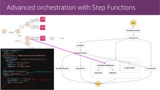 Advanced orchestration with Step Functions
30
invoke
invokeif (…
)
invoke //
else
if (success)
Notify with SNS
n * invoke
if (failure)
Enqueue error
notify with SNS
need approval
App…
"SendApprovalRequest": {
"Type": "Task",
"Resource":
"arn:aws:states:::lambda:invoke.waitForTaskToken",
"Parameters": {
"FunctionName": "sendMailForApprovalFunction",
"Payload": {
"step.$": "$$.State.Name",
"model.$": "$.data",
"token.$": "$$.Task.Token"
}
},
"ResultPath": "$.output",
"Next": "Approved",
"Catch": [
{
"ErrorEquals": [ "rejected" ],
"ResultPath": "$.reason",
"Next": "Rejected"
}
]
}
SendTaskSuccess
SendTaskFailure
 