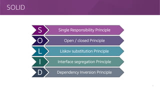 SOLID
4
S Single Responsibility Principle
O Open / closed Principle
L Liskov substitution Principle
I Interface segregation Principle
D Dependency Inversion Principle
 