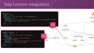 Step Function integrations
43
"QueueError": {
"Type": "Task",
"Resource": "arn:aws:states:::sqs:sendMessage",
"Parameters": {
"QueueUrl": "https://sqs.eu-central-1.amazonaws.com/123456789012/myQueue",
"MessageBody.$": "$.input.message"
},
"End": true
},
"SendNotification": {
"Type": "Task",
"Resource": "arn:aws:states:::sns:publish",
"Parameters": {
"TopicARN": "arn:aws:sns:eu-central-
1:123456789012:myTopic",
"Subject": "Lambda1 has successfully finish its job",
"Message.$" : "$.input.message"
},
"End": true
},
SQS
SNS
 