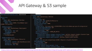AWSTemplateFormatVersion: 2010-09-09
Resources:
API:
Type: AWS::ApiGateway::RestApi
Properties:
Name: !Sub ${AWS::StackName}-api-
${AWS::AccountId}
APIDeployment:
Type: AWS::ApiGateway::Deployment
Properties:
RestApiId: !Ref API
StageName: prod
DependsOn:
- ListBucketAPI
APIBucketResource:
Type: AWS::ApiGateway::Resource
Properties:
ParentId: !GetAtt API.RootResourceId
PathPart: "{bucket}"
RestApiId: !Ref API
ListBucketAPI:
Type: AWS::ApiGateway::Method
Properties:
HttpMethod: GET
ResourceId: !Ref APIBucketResource
RestApiId: !Ref API
AuthorizationType: NONE
Integration:
Credentials: 'arn:aws:iam::1234567890:role/role-demo-api-gw-s3-integration’
IntegrationHttpMethod: GET
IntegrationResponses:
- StatusCode: "200"
PassthroughBehavior: WHEN_NO_MATCH
RequestParameters:
integration.request.header.Content-Type: method.request.header.Content-Type
integration.request.header.x-amz-acl: "'authenticated-read’”
integration.request.path.bucket: method.request.path.bucket
Type: AWS
Uri: !Sub arn:aws:apigateway:${AWS::Region}:s3:path/{bucket}
MethodResponses:
- StatusCode: "200"
RequestParameters:
method.request.path.bucket: true
method.request.header.Content-Type: false
API Gateway & S3 sample
https://docs.aws.amazon.com/apigateway/latest/developerguide/integrating-api-with-aws-services-s3.html
 