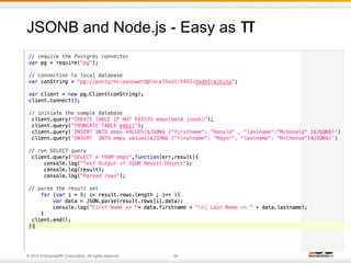 JSONB and Node.js - Easy as π 
• Simple Demo of Node.js to Postgres cnnection 
© 2014 EnterpriseDB Corporation. All rights reserved. 24 
 