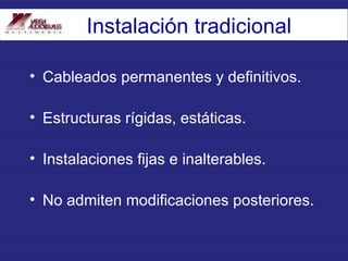 Instalación tradicional Cableados permanentes y definitivos. Estructuras rígidas, estáticas. Instalaciones fijas e inalterables. No admiten modificaciones posteriores. 