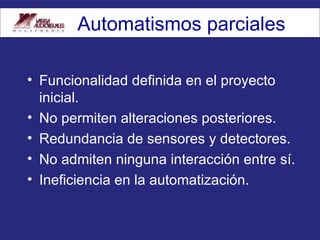 Funcionalidad definida en el proyecto inicial. No permiten alteraciones posteriores. Redundancia de sensores y detectores. No admiten ninguna interacción entre sí. Ineficiencia en la automatización. Automatismos parciales 