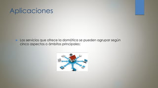 Aplicaciones
 Los servicios que ofrece la domótica se pueden agrupar según
cinco aspectos o ámbitos principales:
 