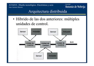 Juan Antonio Maestro
ATA018 - Diseño tecnológico. Electrónica y ocio
Arquitectura distribuida
• Híbrido de las dos anteriores: múltiples
unidades de control.
 