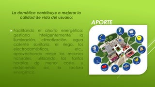 APORTE
La domótica contribuye a mejorar la
calidad de vida del usuario:
 Facilitando el ahorro energético:
gestiona inteligentemente la
iluminación, climatización, agua
caliente sanitaria, el riego, los
electrodomésticos, etc.,
aprovechando mejor los recursos
naturales, utilizando las tarifas
horarias de menor coste, y
reduciendo así, la factura
energética.
 
