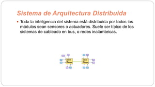 Sistema de Arquitectura Distribuida
 Toda la inteligencia del sistema está distribuida por todos los
módulos sean sensores o actuadores. Suele ser típico de los
sistemas de cableado en bus, o redes inalámbricas.
 