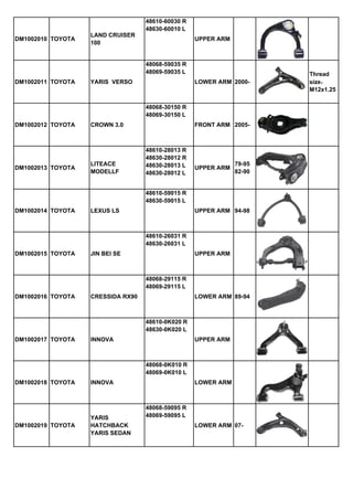 48610-60030 R
48630-60010 L
DM1002010 TOYOTA

LAND CRUISER
100

UPPER ARM

48068-59035 R
48069-59035 L
DM1002011 TOYOTA

YARIS VERSO

LOWER ARM 2000-

48068-30150 R
48069-30150 L
DM1002012 TOYOTA

DM1002013 TOYOTA

CROWN 3.0

LITEACE
MODELLF

FRONT ARM 2005-

48610-28013 R
48630-28012 R
48630-28013 L
48630-28012 L

UPPER ARM

79-95
82-90

48610-59015 R
48630-59015 L
DM1002014 TOYOTA

LEXUS LS

UPPER ARM 94-98

48610-26031 R
48630-26031 L
DM1002015 TOYOTA

JIN BEI SE

UPPER ARM

48068-29115 R
48069-29115 L
DM1002016 TOYOTA

CRESSIDA RX90

LOWER ARM 89-94

48610-0K020 R
48630-0K020 L
DM1002017 TOYOTA

INNOVA

UPPER ARM

48068-0K010 R
48069-0K010 L
DM1002018 TOYOTA

DM1002019 TOYOTA

INNOVA

YARIS
HATCHBACK
YARIS SEDAN

LOWER ARM

48068-59095 R
48069-59095 L
LOWER ARM 07-

Thread
size：
M12x1.25

 