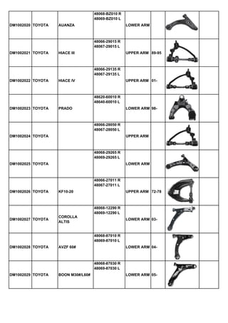 48068-BZ010 R
48069-BZ010 L
DM1002020 TOYOTA

AUANZA

LOWER ARM

48066-29015 R
48067-29015 L
DM1002021 TOYOTA

UPPER ARM 89-95

HIACE III

48066-29135 R
48067-29135 L
DM1002022 TOYOTA

HIACE IV

UPPER ARM 01-

48620-60010 R
48640-60010 L
DM1002023 TOYOTA

PRADO

LOWER ARM 98-

48066-28050 R
48067-28050 L
DM1002024 TOYOTA

UPPER ARM

48068-29265 R
48069-29265 L
DM1002025 TOYOTA

LOWER ARM

48066-27011 R
48067-27011 L
DM1002026 TOYOTA

KF10-20

UPPER ARM 72-78

48068-12290 R
48069-12290 L
DM1002027 TOYOTA

COROLLA
ALTIS

LOWER ARM 03-

48068-87010 R
48069-87010 L
DM1002028 TOYOTA

AVZF 60#

LOWER ARM 04-

48068-87030 R
48069-87030 L
DM1002029 TOYOTA

BOON M30#/L60#

LOWER ARM 05-

 
