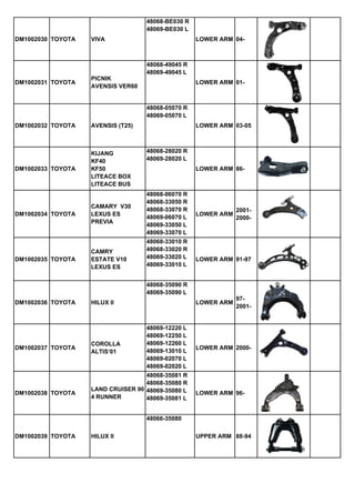 48068-BE030 R
48069-BE030 L
DM1002030 TOYOTA

VIVA

LOWER ARM 04-

48068-49045 R
48069-49045 L
DM1002031 TOYOTA

PICNIK
AVENSIS VER60

LOWER ARM 01-

48068-05070 R
48069-05070 L
DM1002032 TOYOTA

AVENSIS (T25)

DM1002033 TOYOTA

KIJANG
KF40
KF50
LITEACE BOX
LITEACE BUS

DM1002034 TOYOTA

DM1002035 TOYOTA

CAMARY V30
LEXUS ES
PREVIA

CAMRY
ESTATE V10
LEXUS ES

LOWER ARM 03-05

48068-28020 R
48069-28020 L
LOWER ARM 86-

48068-06070 R
48068-33050 R
48068-33070 R
48069-06070 L
48069-33050 L
48069-33070 L
48068-33010 R
48068-33020 R
48069-33020 L
48069-33010 L

LOWER ARM

20012000-

LOWER ARM 91-97

48068-35090 R
48069-35090 L
DM1002036 TOYOTA

DM1002037 TOYOTA

DM1002038 TOYOTA

HILUX II

COROLLA
ALTIS‘01

LOWER ARM

48069-12220 L
48069-12250 L
48069-12260 L
48069-13010 L
48069-02070 L
48069-02020 L

48068-35081 R
48068-35080 R
LAND CRUISER 90 48069-35080 L
4 RUNNER
48069-35081 L

972001-

LOWER ARM 2000-

LOWER ARM 96-

48066-35080
DM1002039 TOYOTA

HILUX II

UPPER ARM 88-94

 