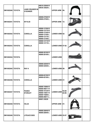 48610-35040 R
48630-35020 L
DM1002040 TOYOTA

LAND CRUISER 90
4 RUNNER

UPPER ARM 96-

48068-27020 R
48069-27020 L
DM1002041 TOYOTA

DM1002042 TOYOTA

KF10-20

COROLLA

UPPER ARM 72-

48068-12180 R
48068-12170 R
48068-12160 R
48069-12180 L
48069-12170 L
48069-12160 L

LOWER ARM 92-

48068-12110 R
48069-12110 L
DM1002043 TOYOTA

COROLLA

LOWER ARM 87-92

48068-26160 R
48069-26160 L
DM1002044 TOYOTA

LOWER ARM

48068-42040 R
48069-42040 L
DM1002045 TOYOTA

RAV 4

LOWER ARM 00-

48068-02180 R
48069-02180 L
DM1002046 TOYOTA

DM1002047 TOYOTA

COROLLA

PASEO
STARLET

LOWER ARM 07-

48068-16060 R
48068-46011 R
48068-16120 R
48068-10051 R
48069-16060 L
48069-46011 L

LOWER ARM

95-99
84-96

48067-35030
DM1002048 TOYOTA

HILUX

UPPER ARM 87-

48068-28040 R
48069-28040 L
DM1002049 TOYOTA

LITEACE BOX

LOWER ARM 93-97

 