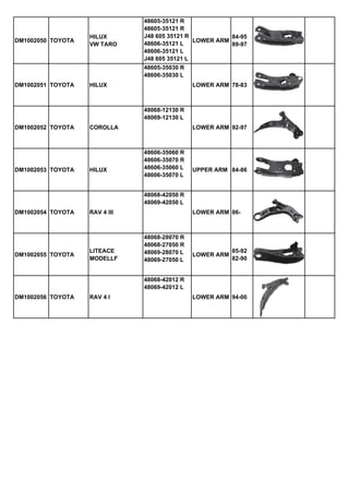DM1002050 TOYOTA

HILUX
VW TARO

48605-35121 R
48605-35121 R
J48 605 35121 R
84-95
LOWER ARM
48606-35121 L
89-97
48606-35121 L
J48 605 35121 L
48605-35030 R
48606-35030 L

DM1002051 TOYOTA

HILUX

LOWER ARM 78-83

48068-12130 R
48069-12130 L
DM1002052 TOYOTA

DM1002053 TOYOTA

COROLLA

HILUX

LOWER ARM 92-97

48606-35060 R
48606-35070 R
48606-35060 L
48606-35070 L

UPPER ARM 84-86

48068-42050 R
48069-42050 L
DM1002054 TOYOTA

DM1002055 TOYOTA

RAV 4 III

LITEACE
MODELLF

LOWER ARM 06-

48068-28070 R
48068-27050 R
48069-28070 L
48069-27050 L

LOWER ARM

85-92
82-90

48068-42012 R
48069-42012 L
DM1002056 TOYOTA

RAV 4 I

LOWER ARM 94-00

 
