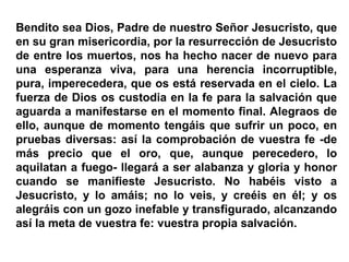 Bendito sea Dios, Padre de nuestro Señor Jesucristo, que
en su gran misericordia, por la resurrección de Jesucristo
de entre los muertos, nos ha hecho nacer de nuevo para
una esperanza viva, para una herencia incorruptible,
pura, imperecedera, que os está reservada en el cielo. La
fuerza de Dios os custodia en la fe para la salvación que
aguarda a manifestarse en el momento final. Alegraos de
ello, aunque de momento tengáis que sufrir un poco, en
pruebas diversas: así la comprobación de vuestra fe -de
más precio que el oro, que, aunque perecedero, lo
aquilatan a fuego- llegará a ser alabanza y gloria y honor
cuando se manifieste Jesucristo. No habéis visto a
Jesucristo, y lo amáis; no lo veis, y creéis en él; y os
alegráis con un gozo inefable y transfigurado, alcanzando
así la meta de vuestra fe: vuestra propia salvación.
 