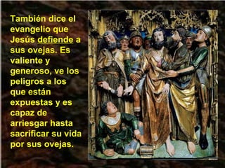 También dice el
evangelio que
Jesús defiende a
sus ovejas. Es
valiente y
generoso, ve los
peligros a los
que están
expuestas y es
capaz de
arriesgar hasta
sacrificar su vida
por sus ovejas.
 