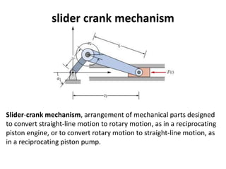 slider crank mechanism
Slider-crank mechanism, arrangement of mechanical parts designed
to convert straight-line motion to rotary motion, as in a reciprocating
piston engine, or to convert rotary motion to straight-line motion, as
in a reciprocating piston pump.
 