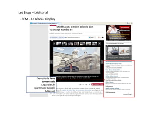 SEM – Le réseau Display
Les Blogs – L’éditorial
Exemple de liens
contextuels
Leparisien.fr
(partenaire Google
AdSense)
 