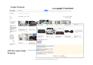 Google Shopping
www.google.fr/merchants
laurent@peyrat.fr & horard@hoyado.com
SEM dans page Google
Shopping
 