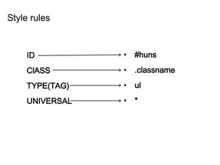 Style rules
• #huns
• .classname
• ul
• *
ID
ClASS
TYPE(TAG)
UNIVERSAL
 