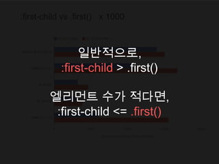 :first-child vs .first() x 1000
일반적으로,
:first-child > .first()
엘리먼트 수가 적다면,
:first-child <= .first()
 