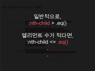 :nth-child vs eq() x 1000
크롬은 예외
일반적으로,
:nth-child > .eq()
엘리먼트 수가 적다면,
:nth-child <= .eq()
.
.
 