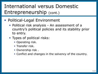 5-13
 Political-Legal Environment
 Political risk analysis - An assessment of a
country’s political policies and its stability prior
to entry.
 Types of political risks:
 Operating risk.
 Transfer risk.
 Ownership risk .
 Conflict and changes in the solvency of the country.
International versus Domestic
Entrepreneurship (cont.)
 