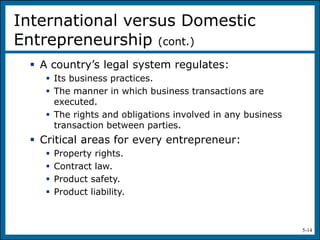 5-14
 A country’s legal system regulates:
 Its business practices.
 The manner in which business transactions are
executed.
 The rights and obligations involved in any business
transaction between parties.
 Critical areas for every entrepreneur:
 Property rights.
 Contract law.
 Product safety.
 Product liability.
International versus Domestic
Entrepreneurship (cont.)
 