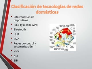• Interconexión de
dispositivos:
• IEEE 1394 (FireWire)
• Bluetooth
• USB
• IrDA
• Redes de control y
automatización:
• KNX
• X10
• EIB
 