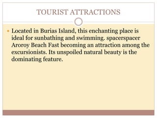 TOURIST ATTRACTIONS
 Located in Burias Island, this enchanting place is
ideal for sunbathing and swimming. spacerspacer
Aroroy Beach Fast becoming an attraction among the
excursionists. Its unspoiled natural beauty is the
dominating feature.
 