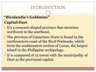 INTRODUCTION
“Bicolandia’s Goldmine”
Capital:Daet
 It’s a crescent-shaped province that stretches
northwest to the southeast.
 The province of Camarines Norte is found in the
northwestern coast of the Bicol Peninsula, which
form the southeastern section of Luzon, the largest
island in the Philippine archipelago.
 It is composed of 12 towns with the municipality of
Daet as the provincial capital.
 
