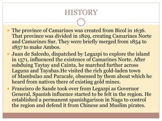 HISTORY
 The province of Camarines was created from Bicol in 1636.
That province was divided in 1829, creating Camarines Norte
and Camarines Sur. They were briefly merged from 1854 to
1857 to make Ambos.
 Juan de Salcedo, dispatched by Legazpi to explore the island
in 1571, influenced the existence of Camarines Norte. After
subduing Taytay and Cainta, he marched further across
Laguna and Tayabas.He visited the rich gold-laden town
of Mambulao and Paracale, obsessed by them about which he
heard from natives there of existing gold mines.
 Francisco de Sande took over from Legazpi as Governor
General, Spanish influence started to be felt in the region. He
established a permanent spanishgarison in Naga to control
the region and defend it from Chinese and Muslim pirates.
 