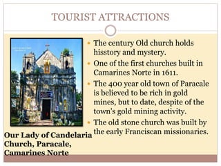 TOURIST ATTRACTIONS
 The century Old church holds
hisstory and mystery.
 One of the first churches built in
Camarines Norte in 1611.
 The 400 year old town of Paracale
is believed to be rich in gold
mines, but to date, despite of the
town's gold mining activity.
 The old stone church was built by
the early Franciscan missionaries.Our Lady of Candelaria
Church, Paracale,
Camarines Norte
 